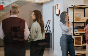 Thoughtful woman in casual business attire on phone while colleagues converse in the background of a stylish office space.