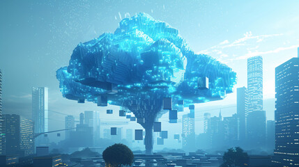 3d cloud concept model tree big data city background
