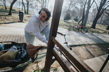 A young woman with headphones takes a break on a park bench. A bicycle is propped in the...