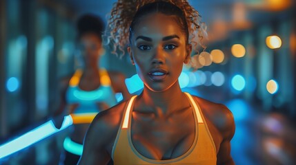 Athletic Woman in Futuristic Workout Environment