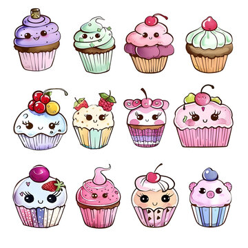 a group of cupcakes with faces cartoon illustrator.