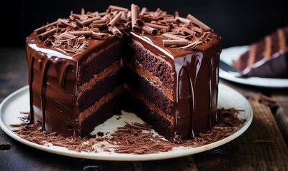 Chocolate cake on a dark wooden background. Selective focus.