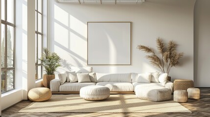 white minimalist living room interior with sofa on a wooden floor decor on a large wall white...