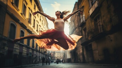 Beautiful young ballerina dancing in a jumping style on the urban street