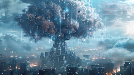 Obraz na płótnie Canvas 3d cloud concept model tree big data city background 