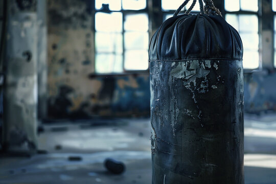 Closeup of a beaten and weathered black color punching bag in an empty room with large windows.