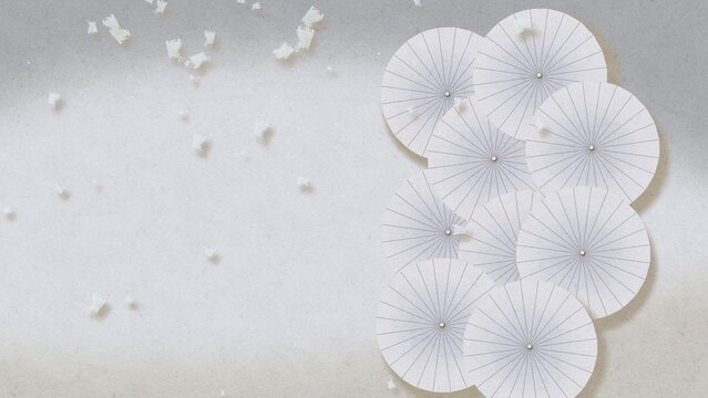 Clip art: White Japanese umbrellas and confetti lined up elegantly and solemnly-Size 16:9