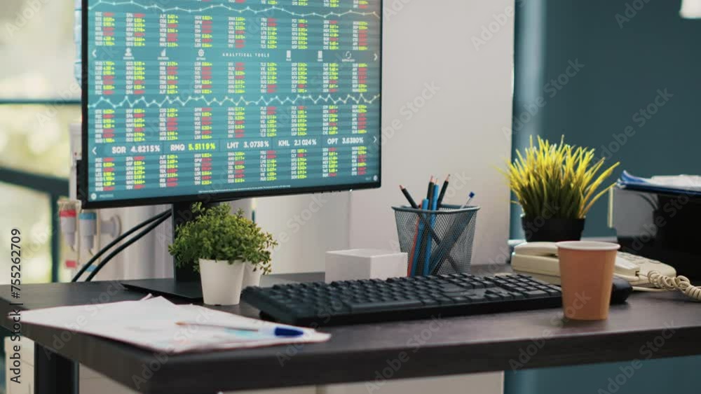 Poster market index listings values going up and down on computer monitor, price volatility concept. broker