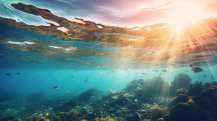 Beautiful blue ocean background with sunset rays and underwater view, tropical sea water