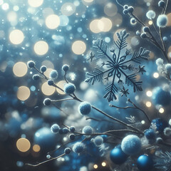 Obraz na płótnie Canvas Close-Up of Hanging Blue and White Falling Snow Snowflakes with Garland Tree Ball Bauble Decorations on Winter Christmas Holiday Festive Bokeh Texture Shiny Light Effect Background New Year Art Design