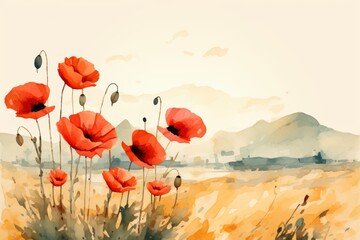 Watercolor landscape with meadow, poppies, and mountains - digital painting print