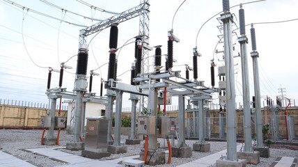 Materials and equipment in electrical transformer stations - obrazy, fototapety, plakaty