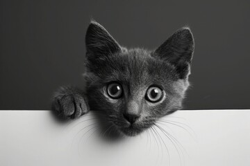Close up monochrome shot of dark grey cat with big eyes.