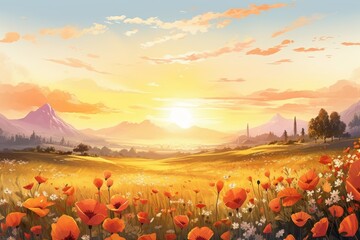 Watercolor painting of meadow with poppies and mountains at dawn, digital art, printable wall decor