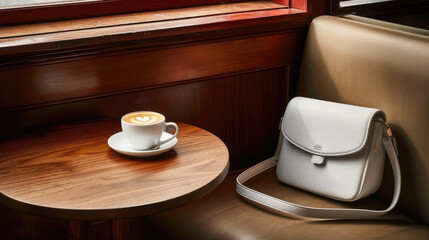 A cozy coffee shop corner with a steaming cup of cappuccino on a wooden table next to a stylish white purse