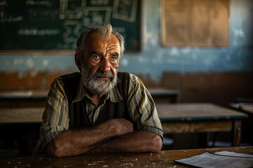 Elderly man pondering in a classroom with sunlight filtering in. - obrazy, fototapety, plakaty