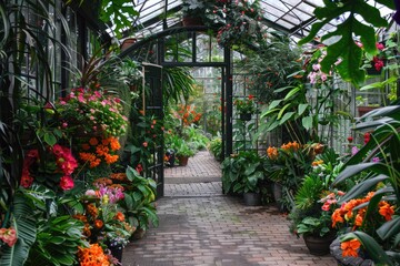 Fototapeta na wymiar A greenhouse filled with exotic flowers and plants from around the world