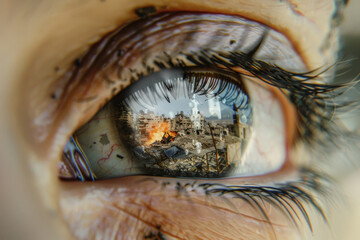 The image shows a close-up of an eye reflecting the harrowing scene of an explosion in a war-torn city, encapsulating the stark reality of conflict and its impact on the individual observer.
