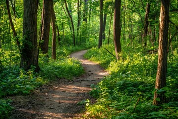 A scenic trail running path through a lush forest highlighting the beauty of nature