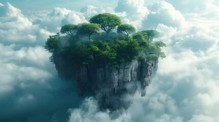 Floating Island with Lush Trees Above the Clouds