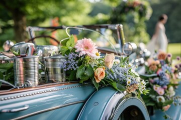 A stylish getaway car with tin cans and a floral wreath