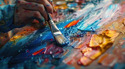 close up of a creative artist s hands painting vibrant strokes on a canvas in artistic process in workshop 