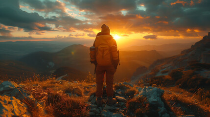 Adventurer Witnessing a Breathtaking Mountain Sunset - obrazy, fototapety, plakaty