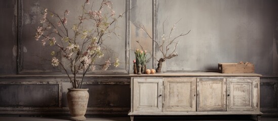 A room with a hardwood dresser displaying a flowerpot with a beautiful vase of flowers on top, bringing a touch of nature into the building