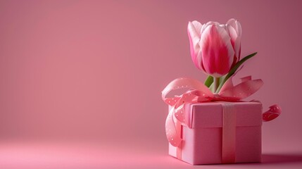 Pink giftbox with tulip flower isolated on pink background