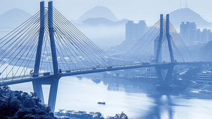 A large cablestayed bridge spans over a river with a small boat beneath it against a backdrop of misty hills and a cityscape