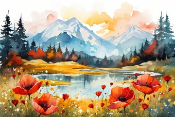 Digital watercolor painting of meadow with poppies, lake and mountains. Printable wall art