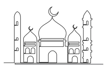 Continuous one line drawing Ramadan kareem symbol. mosque line concept. Eid Mubarak, Eid Fitr vector minimalist design islamic mosque outline ornament background. 
mosque line concept
