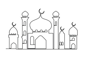 Continuous one line drawing Ramadan kareem symbol. mosque line concept. Eid Mubarak, Eid Fitr vector minimalist design islamic mosque outline ornament background. 
mosque line concept
