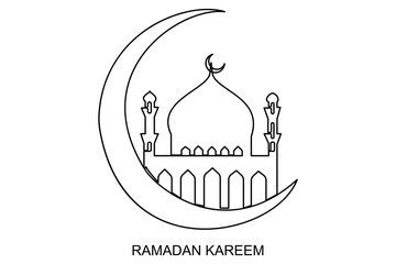 Obraz premium Continuous one line drawing Ramadan kareem symbol. mosque line concept. Eid Mubarak, Eid Fitr vector minimalist design islamic mosque outline ornament background. mosque line concept 