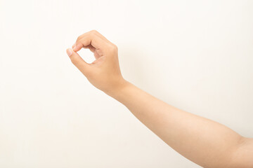 Hand pointing at something and make a sign on white background