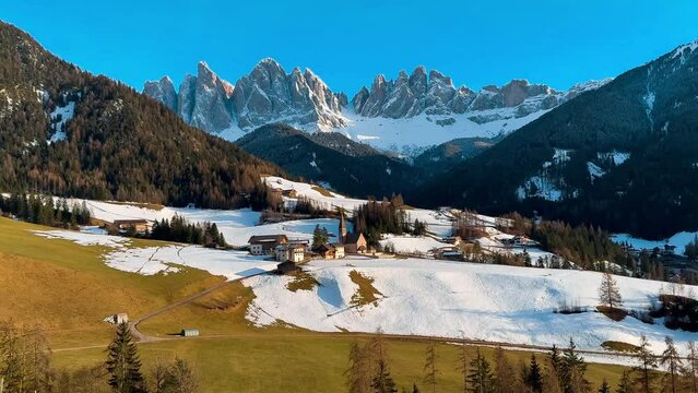 Spring landscape Dolomites Alps Santa Maddalena village Val di Funes valley South Tyrol Italy. High quality 4k footage