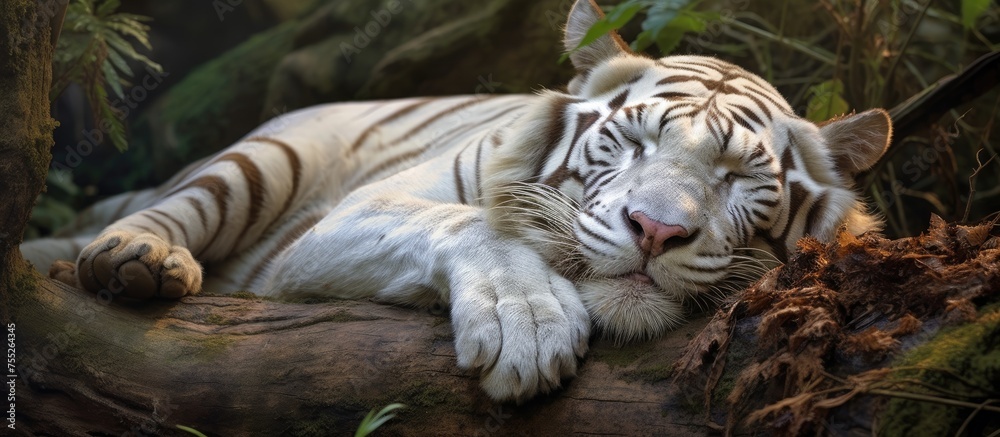 Poster a white tiger is sleeping on a log in the woods . High quality