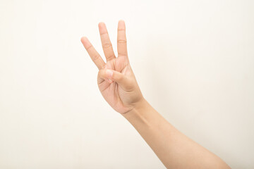 Hand pointing at something and make a sign on white background