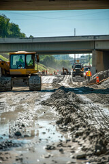 Fototapeta premium Heavy machinery at work on a road, repairing the highway with an overpass in the background 🚧🚜