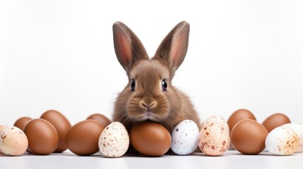 Studio shot of a cute brown bunny with chocolate Easter eggs on a white background