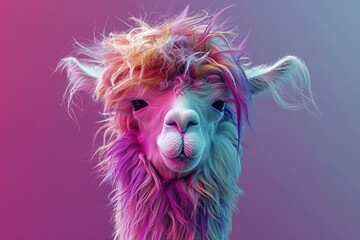 Colorful photograph of an isolated Alpaca with wild, messy, funny hair. 