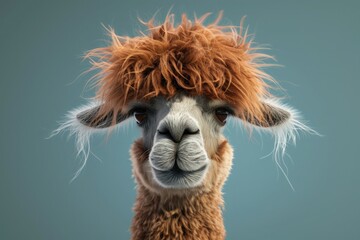 Colorful photograph of an isolated Alpaca with wild, messy, funny hair. 