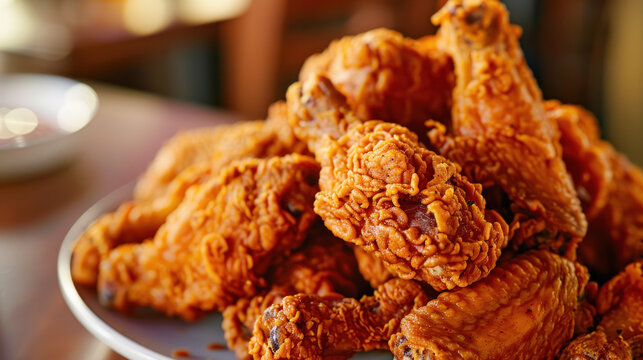 A close-up image of a mouth-watering pile of crispy fried chicken on a plate, with a blurred background.