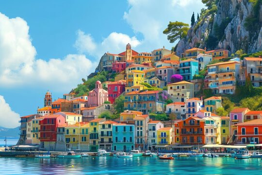 Colorful buildings and castle Parga Greece .