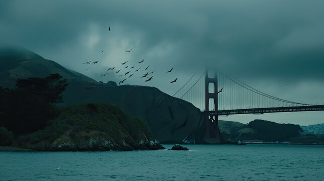 Moody image of Golden Gate Bridge under overcast skies with birds flying hills and ocean visible
