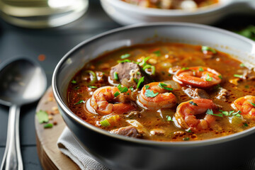 A hearty bowl of seafood gumbo garnished with green onions, capturing the essence of Creole cuisine.