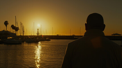 Fototapeta premium Silhouette of a person gazing at a sunset over a marina with sailboats and palm trees reflecting golden hues on the water