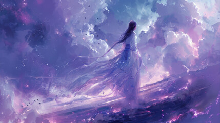A mystical woman stands amidst an ethereal mountainous landscape, cloaked in flowing robes under a dreamlike purple sky.