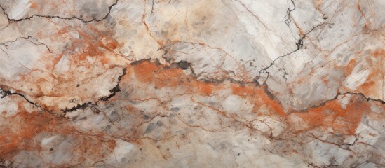Fototapeta premium This close-up view showcases the intricate patterns and textures of Italian rustic breccia marble. The surface is detailed with unique veins and colors,
