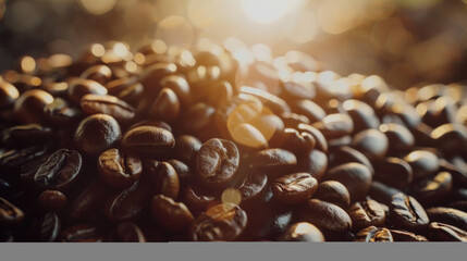 Close-up of coffee beans basking in warm sunlight.